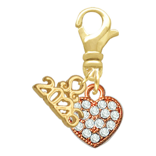 Small Rose Gold-tone Heart with Clear Crystals - Gold-tone Plated Clip on Charm with Mini Year 2026: Year to Remember Jewelry Gift - Celebrations