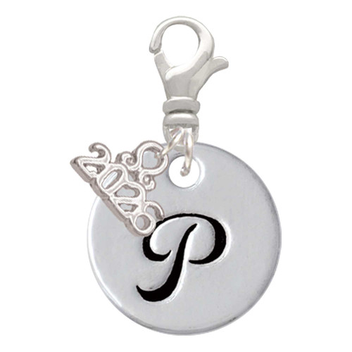 Silver Plated Large Script Letter Disc - P - Silver Plated Clip on Charm with Mini Year 2026: Year to Remember Jewelry Gift - Celebrations