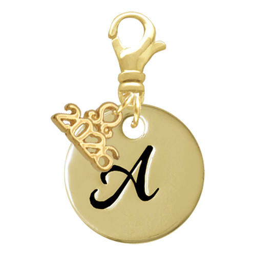 Gold-tone Large Disc Letter - A - Gold-tone Plated Clip on Charm with Mini Year 2026: Year to Remember Jewelry Gift - Celebrations