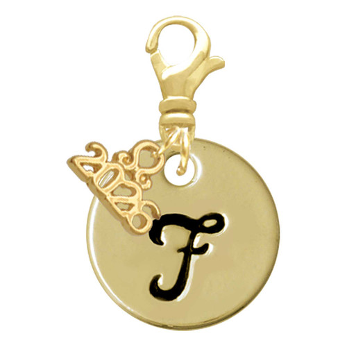 Gold-tone Large Disc Letter - F - Gold-tone Plated Clip on Charm with Mini Year 2026: Year to Remember Jewelry Gift - Celebrations