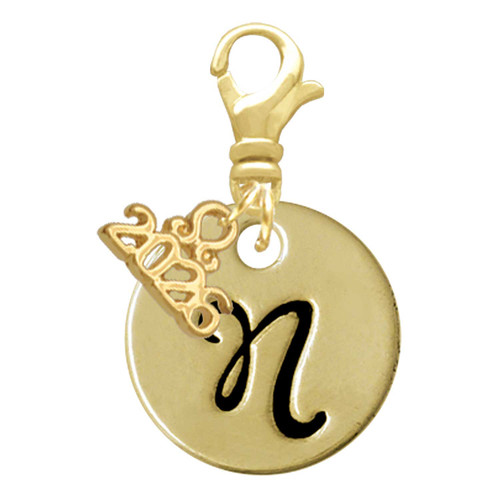 Gold-tone Large Disc Letter - N - Gold-tone Plated Clip on Charm with Mini Year 2026: Year to Remember Jewelry Gift - Celebrations