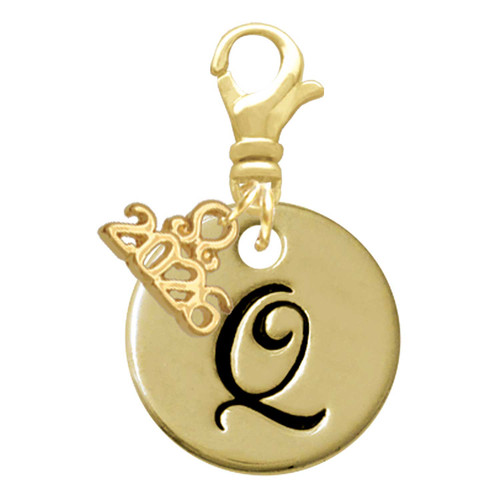 Gold-tone Large Disc Letter - Q - Gold-tone Plated Clip on Charm with Mini Year 2026: Year to Remember Jewelry Gift - Celebrations