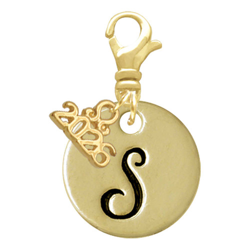 Gold-tone Large Disc Letter - S - Gold-tone Plated Clip on Charm with Mini Year 2026: Year to Remember Jewelry Gift - Celebrations