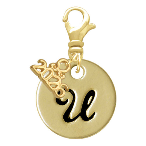 Gold-tone Large Disc Letter - U - Gold-tone Plated Clip on Charm with Mini Year 2026: Year to Remember Jewelry Gift - Celebrations