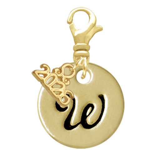 Gold-tone Large Disc Letter - W - Gold-tone Plated Clip on Charm with Mini Year 2026: Year to Remember Jewelry Gift - Celebrations
