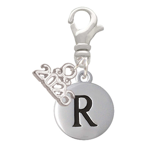 Silver Plated Capital Letter - R - Pebble Disc - Silver Plated Clip on Charm with Mini Year 2026: Year to Remember Jewelry Gift - Celebrations