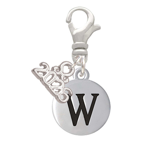 Silver Plated Capital Letter - W - Pebble Disc - Silver Plated Clip on Charm with Mini Year 2026: Year to Remember Jewelry Gift - Celebrations