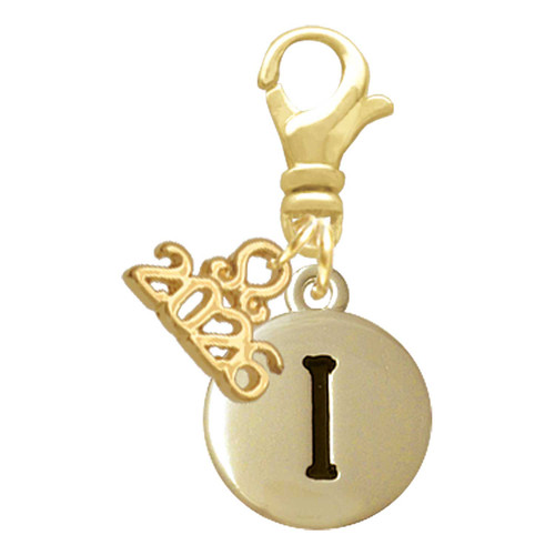 Gold-tone Capital Letter - I - Pebble Disc - Gold-tone Plated Clip on Charm with Mini Year 2026: Year to Remember Jewelry Gift - Celebrations