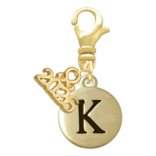 Gold-tone Capital Letter - K - Pebble Disc - Gold-tone Plated Clip on Charm with Mini Year 2026: Year to Remember Jewelry Gift - Celebrations
