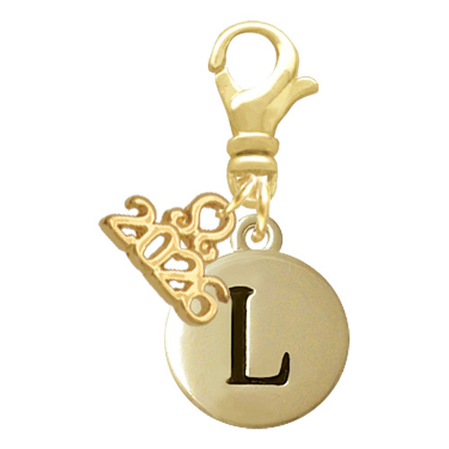 Gold-tone Capital Letter - L - Pebble Disc - Gold-tone Plated Clip on Charm with Mini Year 2026: Year to Remember Jewelry Gift - Celebrations