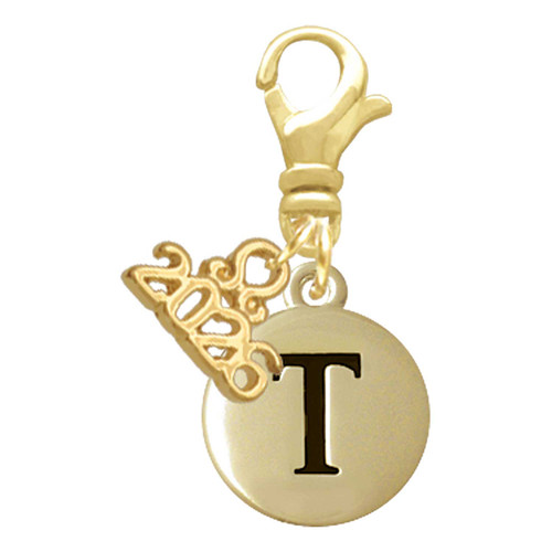 Gold-tone Capital Letter - T - Pebble Disc - Gold-tone Plated Clip on Charm with Mini Year 2026: Year to Remember Jewelry Gift - Celebrations