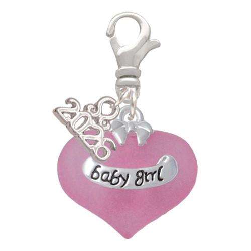 Baby Girl Pink Heart with Baby Feet - Silver Plated Clip on Charm with Mini Year 2026: Year to Remember Jewelry Gift - Celebrations