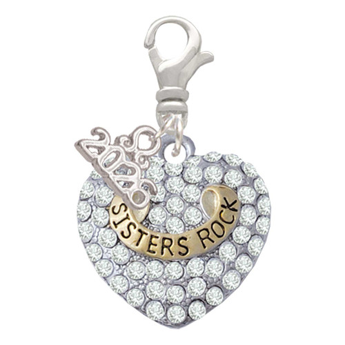 Two-tone Sisters Rock on Clear Crystal Heart - Silver Plated Clip on Charm with Mini Year 2026: Year to Remember Jewelry Gift - Celebrations
