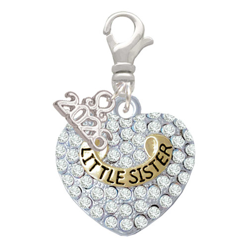 Two-tone Little Sister Rock on Clear Crystal Heart - Silver Plated Clip on Charm with Mini Year 2026: Year to Remember Jewelry Gift - Celebrations
