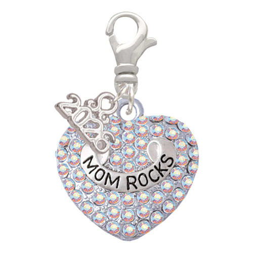 Silver Plated Mom Rocks on AB Crystal Heart - Silver Plated Clip on Charm with Mini Year 2026: Year to Remember Jewelry Gift - Celebrations