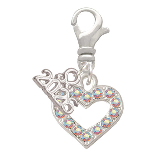 Silver Plated AB Crystal Open Heart - Silver Plated Clip on Charm with Mini Year 2026: Year to Remember Jewelry Gift - Celebrations