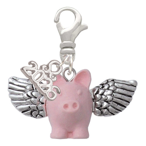 Pink Flying Pig with Wings - Silver Plated Clip on Charm with Mini Year 2026: Year to Remember Jewelry Gift - Celebrations