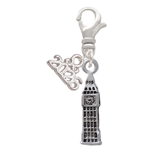 Silver Plated London's Big Ben Clock Tower - Silver Plated Clip on Charm with Mini Year 2026: Year to Remember Jewelry Gift - Celebrations