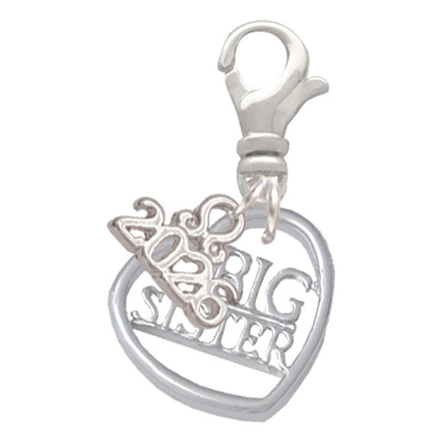 Silver Plated Big Sister in Open Heart - 5/8'' - Silver Plated Clip on Charm with Mini Year 2026: Year to Remember Jewelry Gift - Celebrations