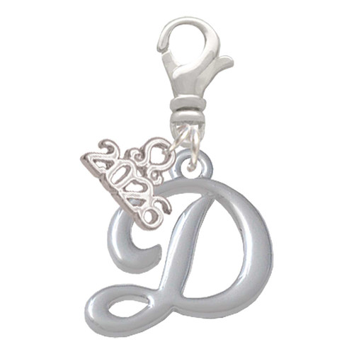 Silver Plated Small Gelato Script Initial - D - Silver Plated Clip on Charm with Mini Year 2026: Year to Remember Jewelry Gift - Celebrations