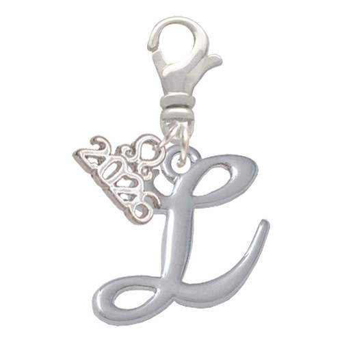 Silver Plated Small Gelato Script Initial - L - Silver Plated Clip on Charm with Mini Year 2026: Year to Remember Jewelry Gift - Celebrations