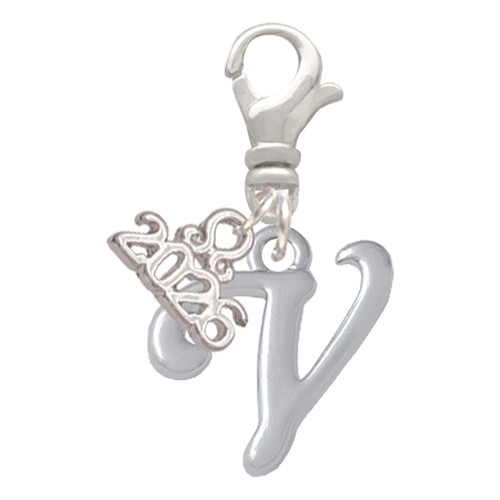 Silver Plated Small Gelato Script Initial - V - Silver Plated Clip on Charm with Mini Year 2026: Year to Remember Jewelry Gift - Celebrations