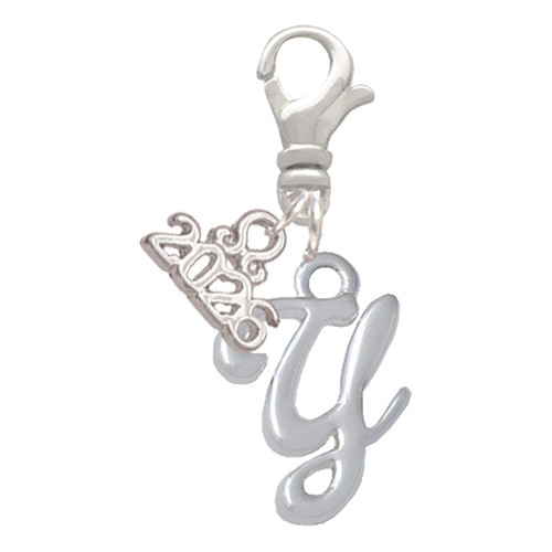Silver Plated Small Gelato Script Initial - Y - Silver Plated Clip on Charm with Mini Year 2026: Year to Remember Jewelry Gift - Celebrations