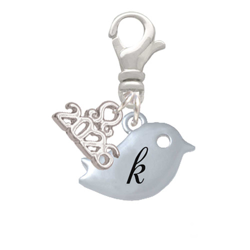 Silver Plated Little Bird Initial - K - Silver Plated Clip on Charm with Mini Year 2026: Year to Remember Jewelry Gift - Celebrations