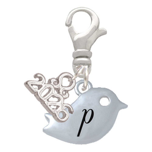 Silver Plated Little Bird Initial - P - Silver Plated Clip on Charm with Mini Year 2026: Year to Remember Jewelry Gift - Celebrations