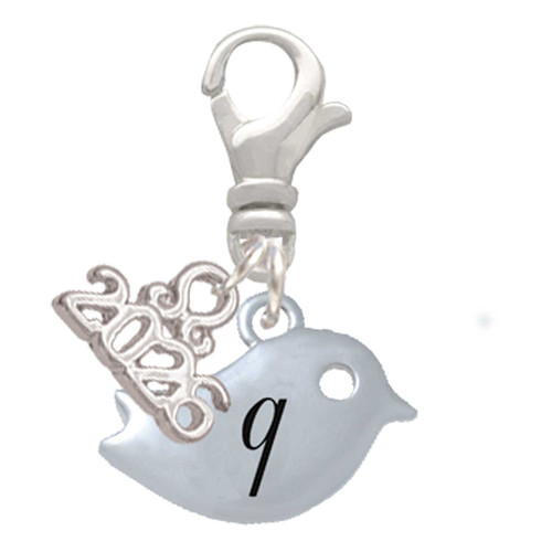 Silver Plated Little Bird Initial - Q - Silver Plated Clip on Charm with Mini Year 2026: Year to Remember Jewelry Gift - Celebrations