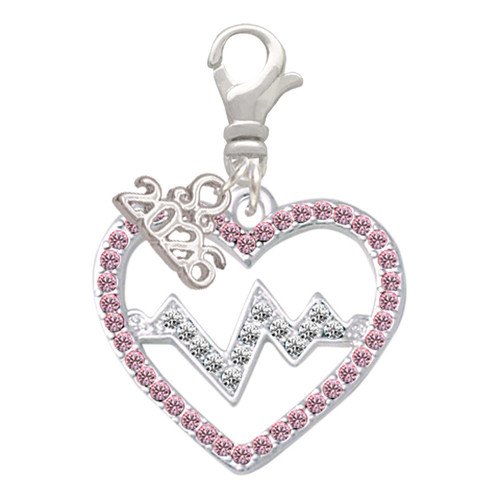 Silver Plated Large Pink Crystal Heart with Clear Heartbeat - Silver Plated Clip on Charm with Mini Year 2026: Year to Remember Jewelry Gift - Celebrations