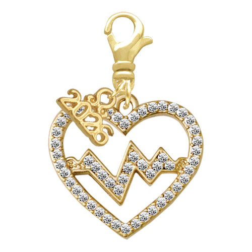 Gold-tone Large Crystal Heart - Heartbeat - Gold-tone Plated Clip on Charm with Mini Year 2026: Year to Remember Jewelry Gift - Celebrations