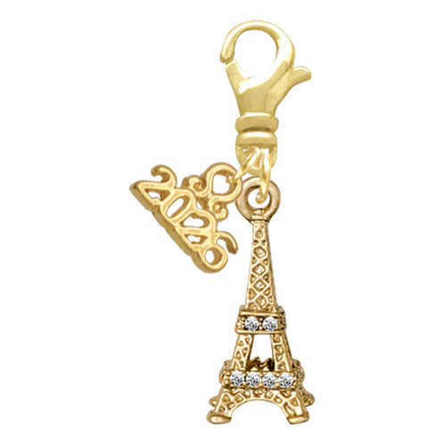 Gold-tone Crystal Eiffel Tower - Gold-tone Plated Clip on Charm with Mini Year 2026: Year to Remember Jewelry Gift - Celebrations