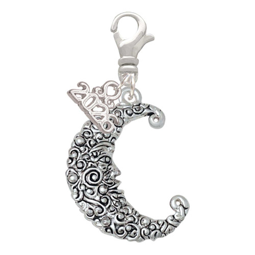 Silver Plated Large Swirl Man in Moon - Silver Plated Clip on Charm with Mini Year 2026: Year to Remember Jewelry Gift - Celebrations