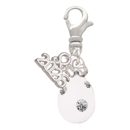 White Easter Egg with Clear Crystal Dots - Silver Plated Clip on Charm with Mini Year 2026: Year to Remember Jewelry Gift - Celebrations