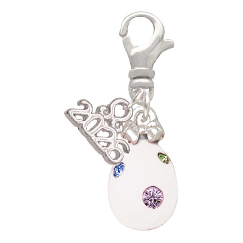 White Easter Egg with Color Crystal Dots - Silver Plated Clip on Charm with Mini Year 2026: Year to Remember Jewelry Gift - Celebrations