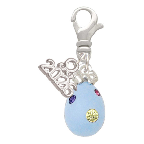 Silver Plated Light Blue Easter Egg with Multicolored Crystal Dots - Silver Plated Clip on Charm with Mini Year 2026: Year to Remember Jewelry Gift - Celebrations