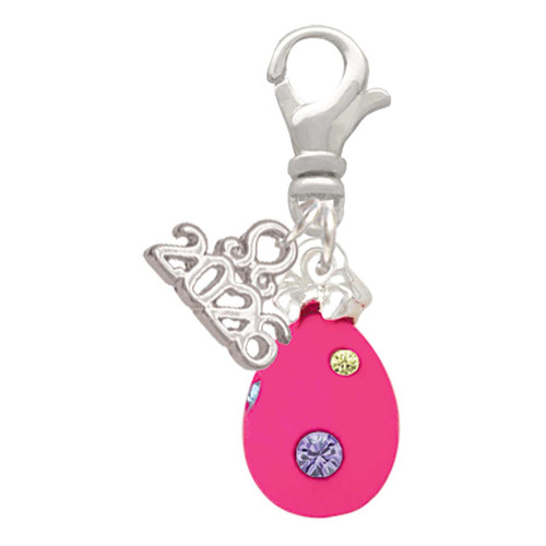 Hot Pink Easter Egg with Color Crystal Dots - Silver Plated Clip on Charm with Mini Year 2026: Year to Remember Jewelry Gift - Celebrations