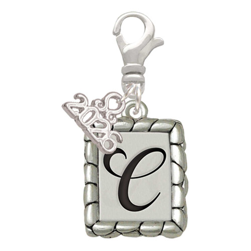 Silver Plated Pebble Border Initial - C - Silver Plated Clip on Charm with Mini Year 2026: Year to Remember Jewelry Gift - Celebrations