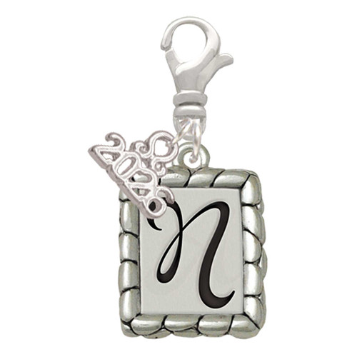Silver Plated Pebble Border Initial - N - Silver Plated Clip on Charm with Mini Year 2026: Year to Remember Jewelry Gift - Celebrations