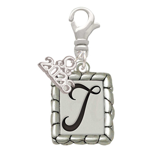 Silver Plated Pebble Border Initial - T - Silver Plated Clip on Charm with Mini Year 2026: Year to Remember Jewelry Gift - Celebrations
