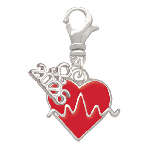 Silver Plated Heartbeat on Red Heart - Silver Plated Clip on Charm with Mini Year 2026: Year to Remember Jewelry Gift - Celebrations