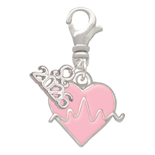 Silver Plated Heartbeat on Pink Heart - Silver Plated Clip on Charm with Mini Year 2026: Year to Remember Jewelry Gift - Celebrations