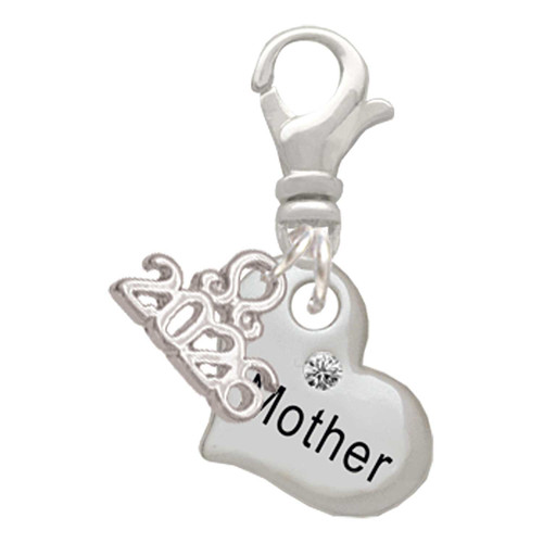 Silver Plated Small ''Mother'' Heart with Clear Crystal - Silver Plated Clip on Charm with Mini Year 2026: Year to Remember Jewelry Gift - Celebrations