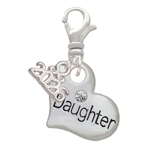 Silver Plated Large ''Daughter'' Heart with Clear Crystal - Silver Plated Clip on Charm with Mini Year 2026: Year to Remember Jewelry Gift - Celebrations