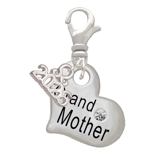 Silver Plated Large ''Grandmother'' Heart with Clear Crystal - Silver Plated Clip on Charm with Mini Year 2026: Year to Remember Jewelry Gift - Celebrations