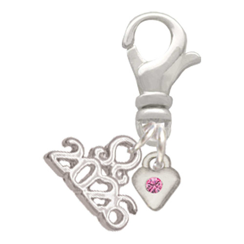 Silver Plated Mini October - Hot Pink Crystal Heart - Silver Plated Clip on Charm with Mini Year 2026: Year to Remember Jewelry Gift - Celebrations