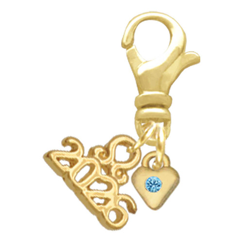 Gold-tone Mini Hot Blue Crystal Heart - Gold-tone Plated Clip on Charm with Mini Year 2026: Year to Remember Jewelry Gift - Celebrations