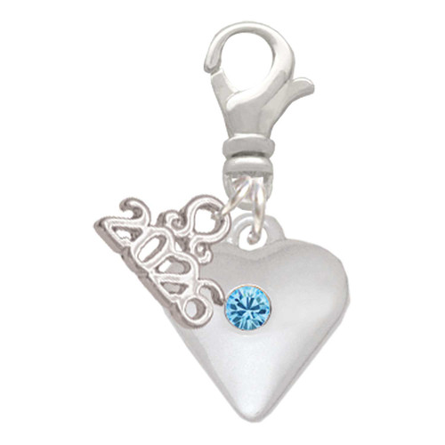 Silver Plated Large March - Hot Blue Crystal Heart - Silver Plated Clip on Charm with Mini Year 2026: Year to Remember Jewelry Gift - Celebrations