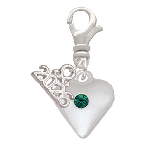 Silver Plated Large May - Green Crystal Heart - Silver Plated Clip on Charm with Mini Year 2026: Year to Remember Jewelry Gift - Celebrations